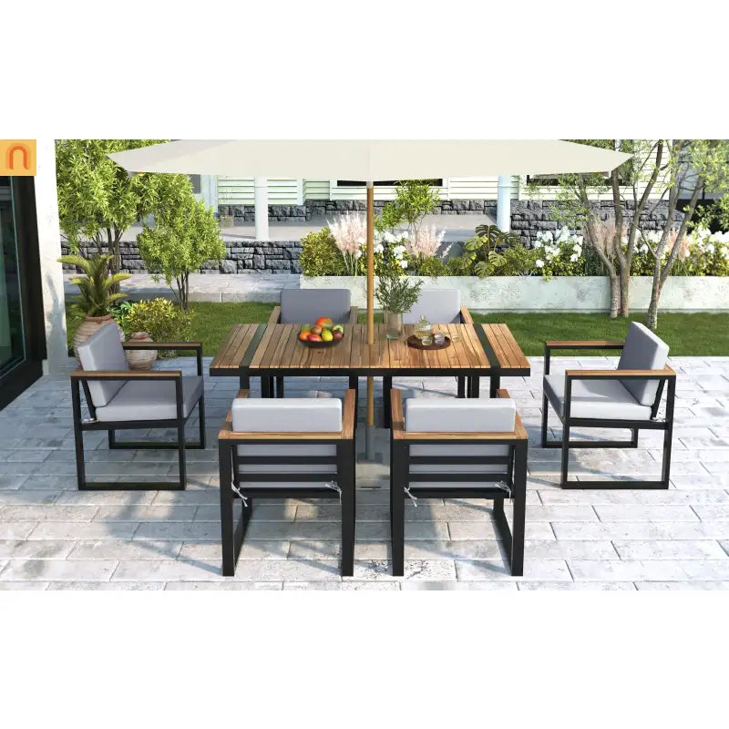 Outdoor Dining Set Acacia Wood Steel Gray Cushion 7 Piece Umbrella Hole