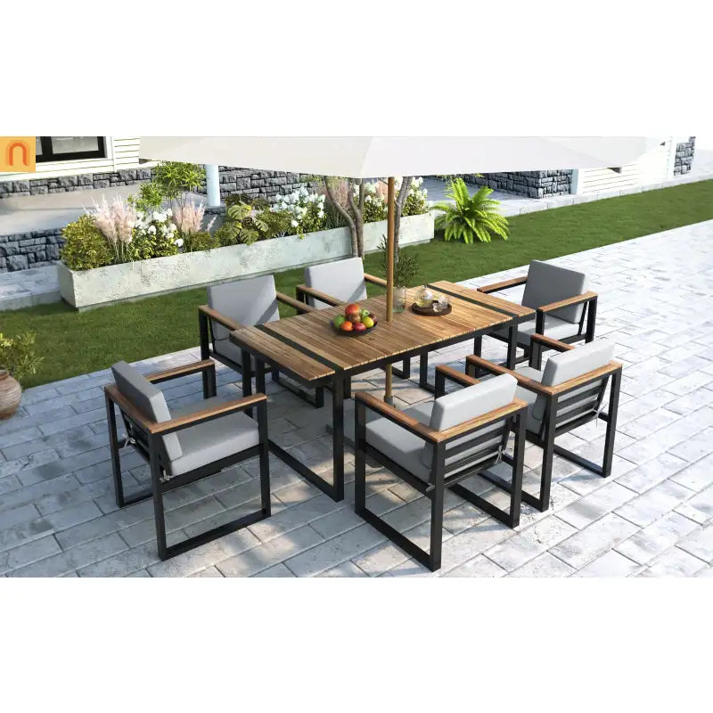 Outdoor Dining Set Acacia Wood Steel Gray Cushion 7 Piece Umbrella Hole