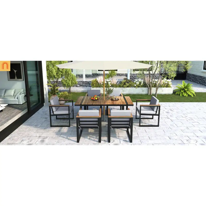 Outdoor Dining Set Acacia Wood Steel Gray Cushion 7 Piece Umbrella Hole