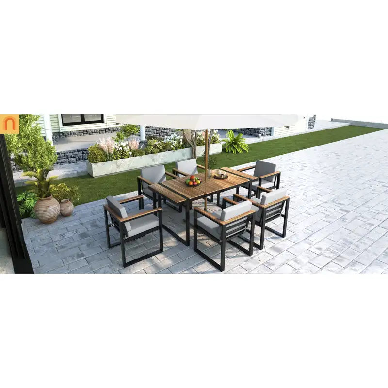 Outdoor Dining Set Acacia Wood Steel Gray Cushion 7 Piece Umbrella Hole