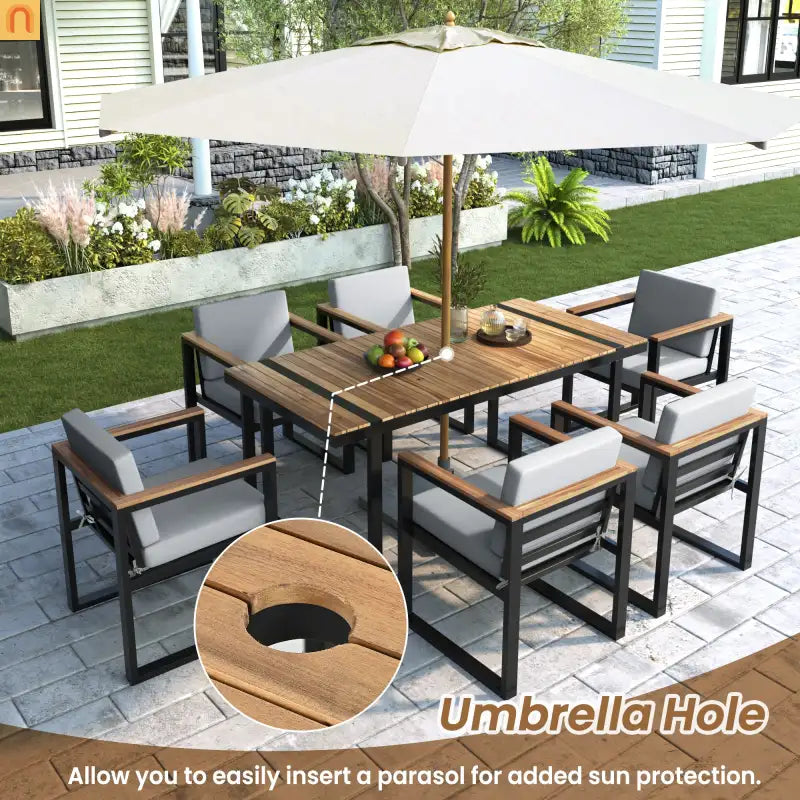 Outdoor Dining Set Acacia Wood Steel Gray Cushion 7 Piece Umbrella Hole