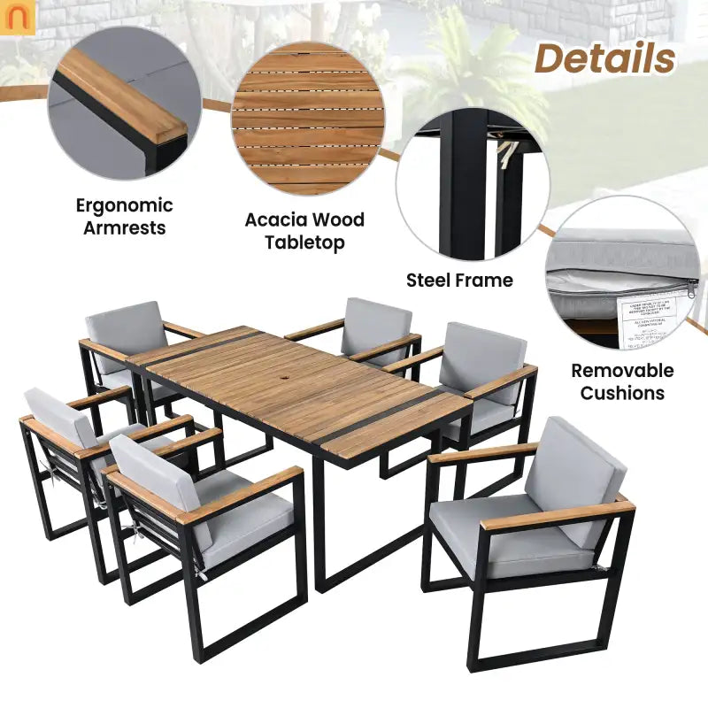 Outdoor Dining Set Acacia Wood Steel Gray Cushion 7 Piece Umbrella Hole
