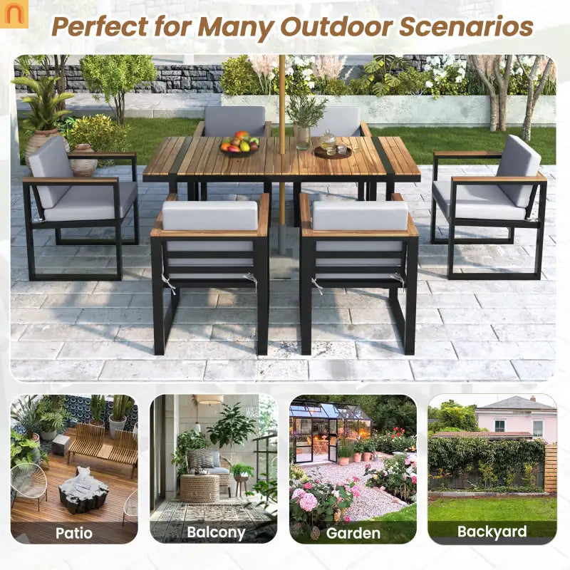 Outdoor Dining Set Acacia Wood Steel Gray Cushion 7 Piece Umbrella Hole