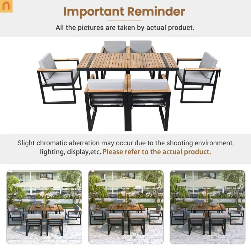 Outdoor Dining Set Acacia Wood Steel Gray Cushion 7 Piece Umbrella Hole