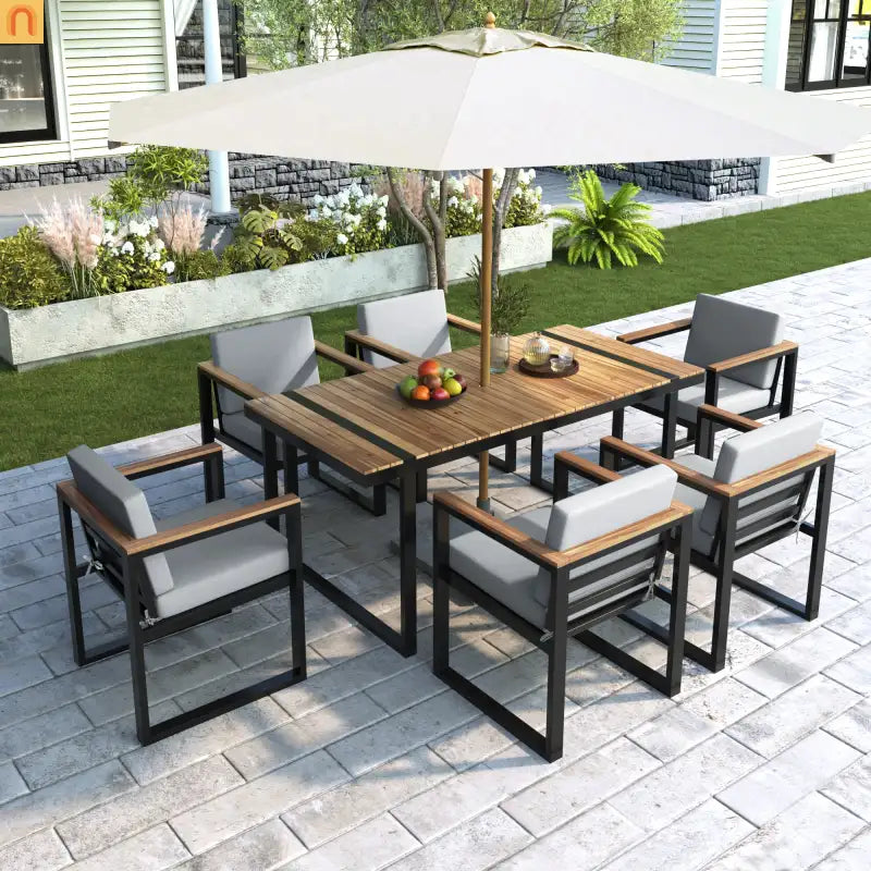 Outdoor Dining Set Acacia Wood Steel Gray Cushion 7 Piece Umbrella Hole