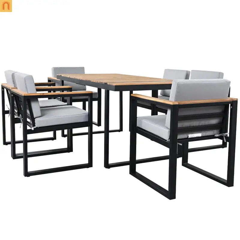 Outdoor Dining Set Acacia Wood Steel Gray Cushion 7 Piece Umbrella Hole