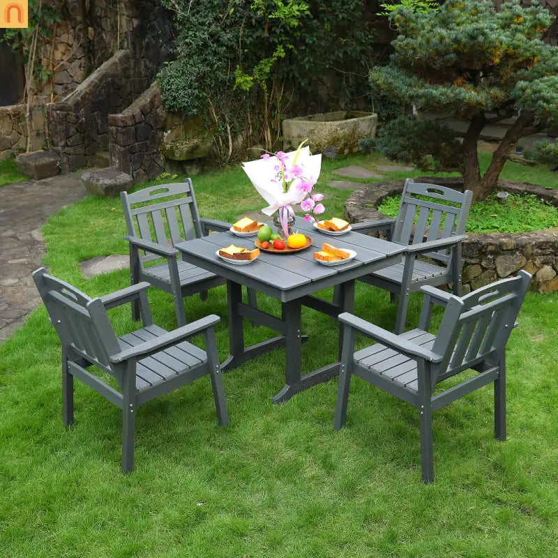 Outdoor Dining Set HDPE Gray Square Umbrella Hole 5 Piece Seats 4