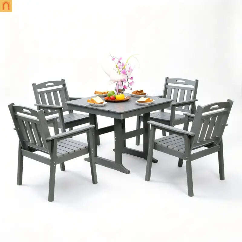 Outdoor Dining Set HDPE Gray Square Umbrella Hole 5 Piece Seats 4