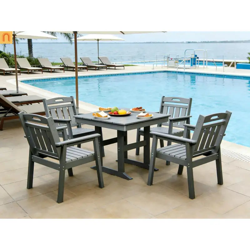 Outdoor Dining Set HDPE Gray Square Umbrella Hole 5 Piece Seats 4