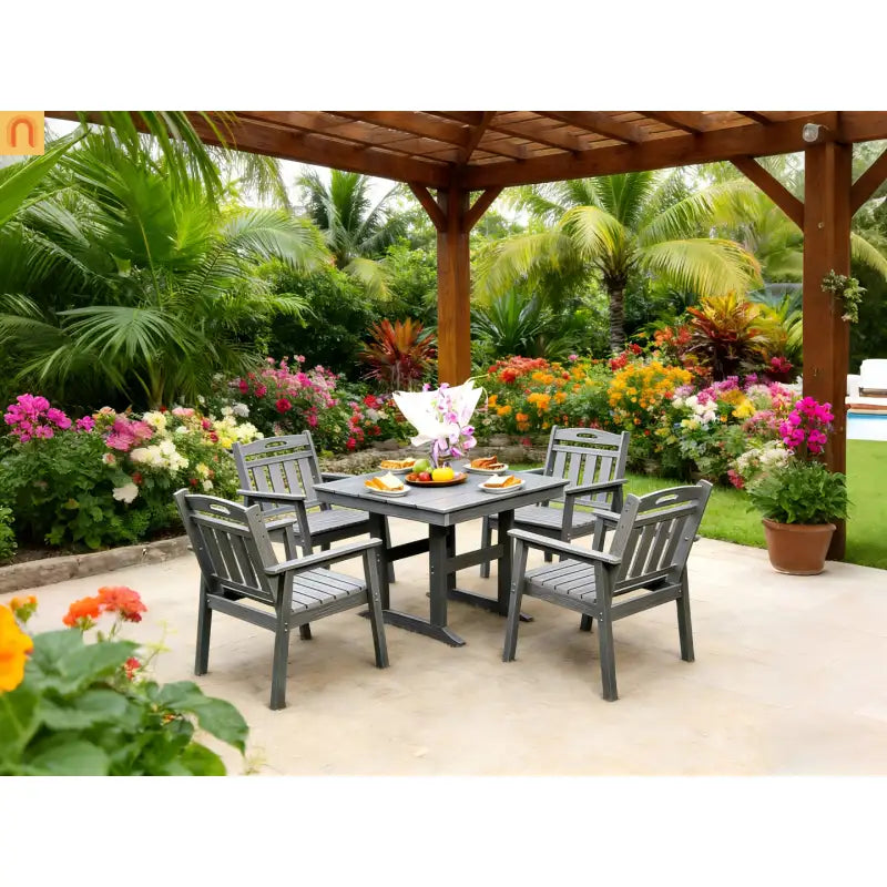 Outdoor Dining Set HDPE Gray Square Umbrella Hole 5 Piece Seats 4
