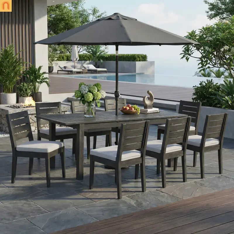 Outdoor Dining Set Acacia Wood Extendable Umbrella Hole 9 Piece Seats 8
