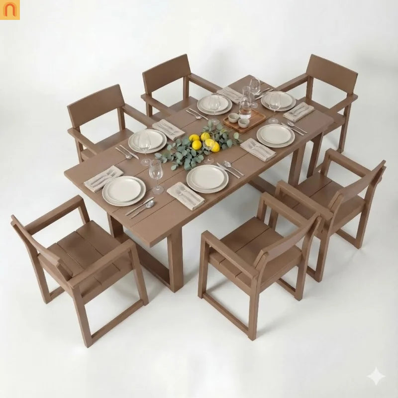 Outdoor Dining Set HDPE Brown 7 Piece Umbrella Hole Seats 6
