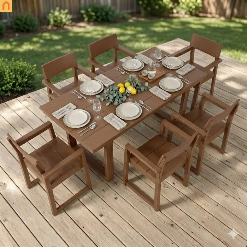 Outdoor Dining Set HDPE Brown 7 Piece Umbrella Hole Seats 6