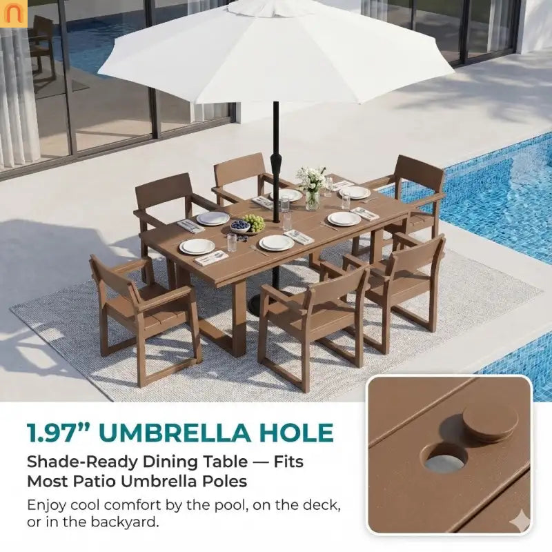 Outdoor Dining Set HDPE Brown 7 Piece Umbrella Hole Seats 6