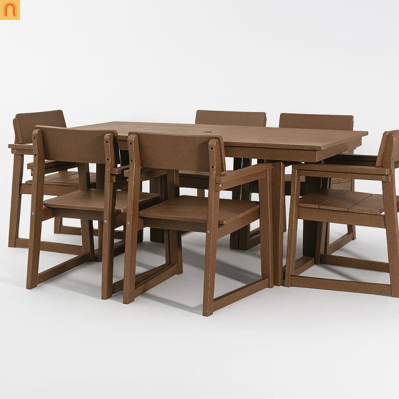 Outdoor Dining Set HDPE Brown 7 Piece Umbrella Hole Seats 6