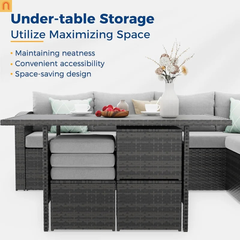 Outdoor Dining Set PE Rattan Steel Gray 7 Piece Modular Seats 9