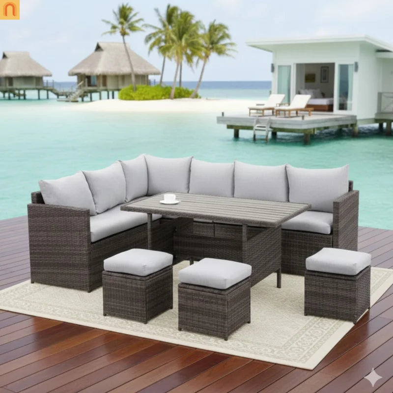 Outdoor Dining Set PE Rattan Steel Gray 7 Piece Modular Seats 9