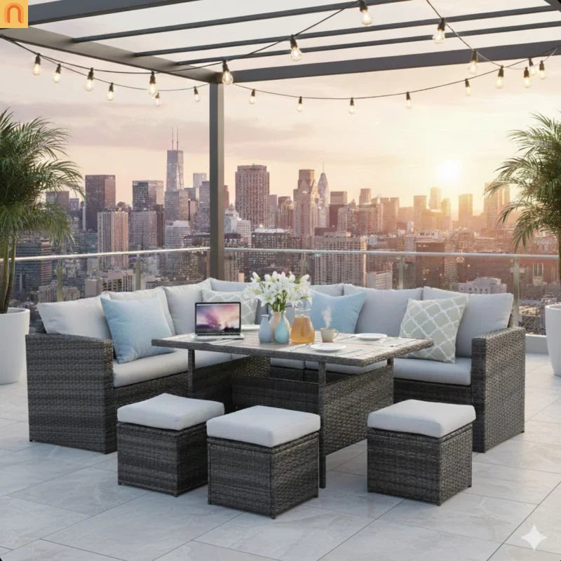 Outdoor Dining Set PE Rattan Steel Gray 7 Piece Modular Seats 9