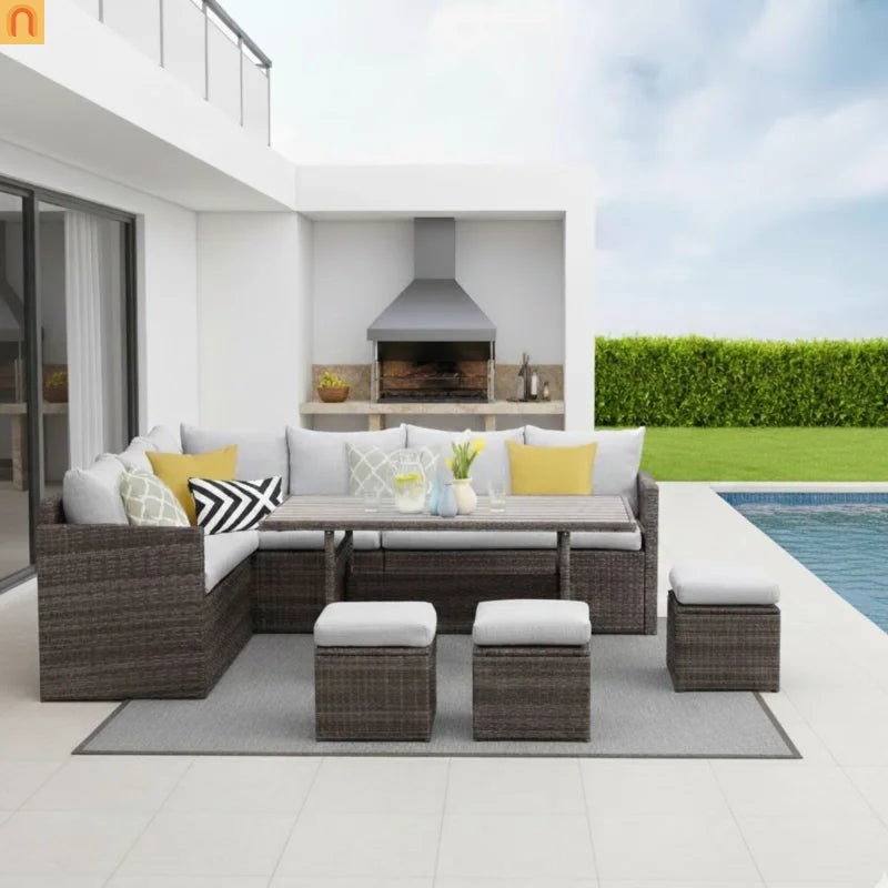 Outdoor Dining Set PE Rattan Steel Gray 7 Piece Modular Seats 9