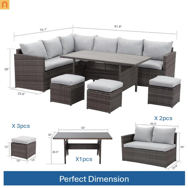 Outdoor Dining Set PE Rattan Steel Gray 7 Piece Modular Seats 9