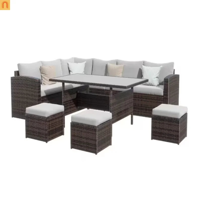 Outdoor Dining Set PE Rattan Steel Gray 7 Piece Modular Seats 9