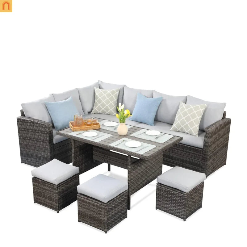 Outdoor Dining Set PE Rattan Steel Gray 7 Piece Modular Seats 9