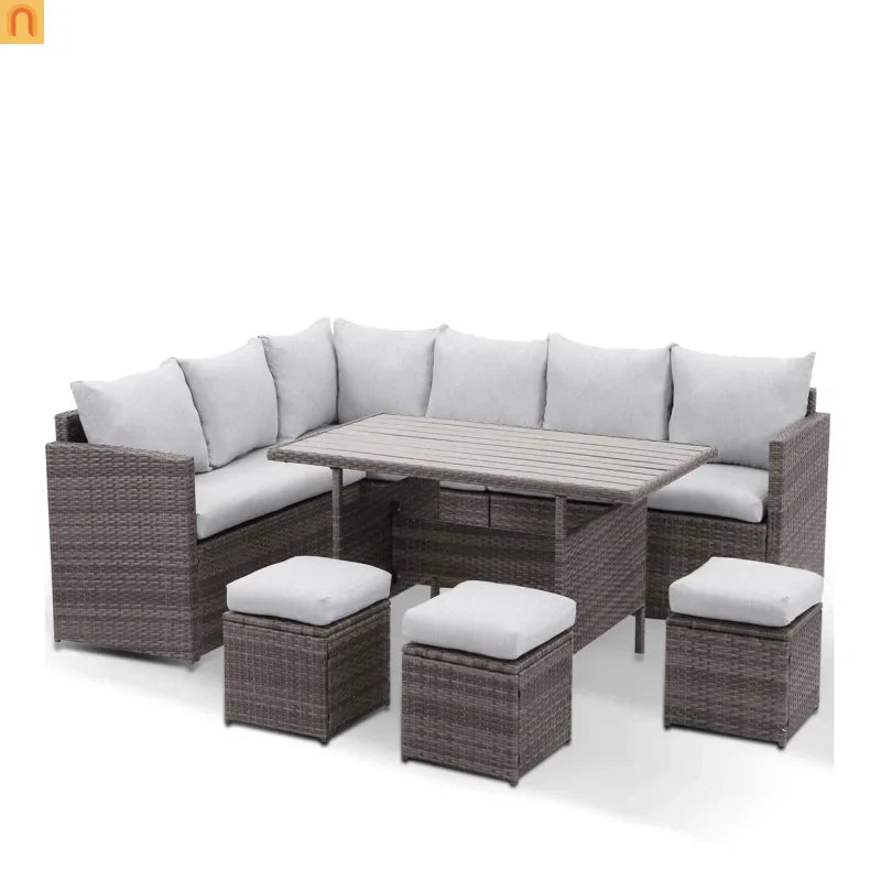 Outdoor Dining Set PE Rattan Steel Gray 7 Piece Modular Seats 9