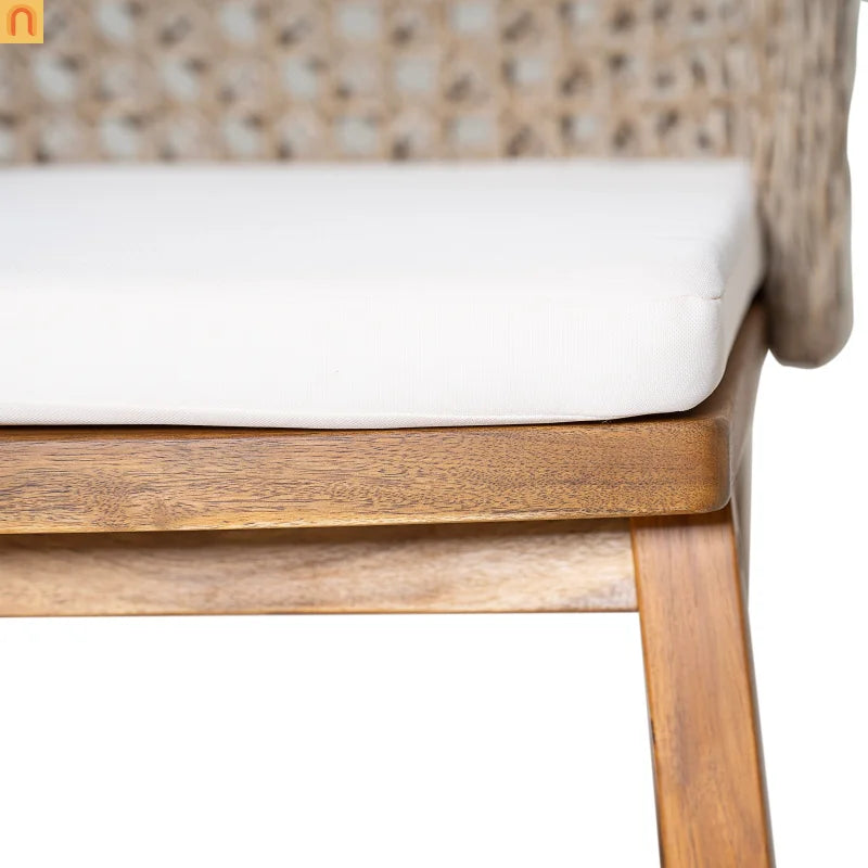 Outdoor Bistro Set Acacia Wood Wicker Chair Teak Beige Cushion 3 Piece