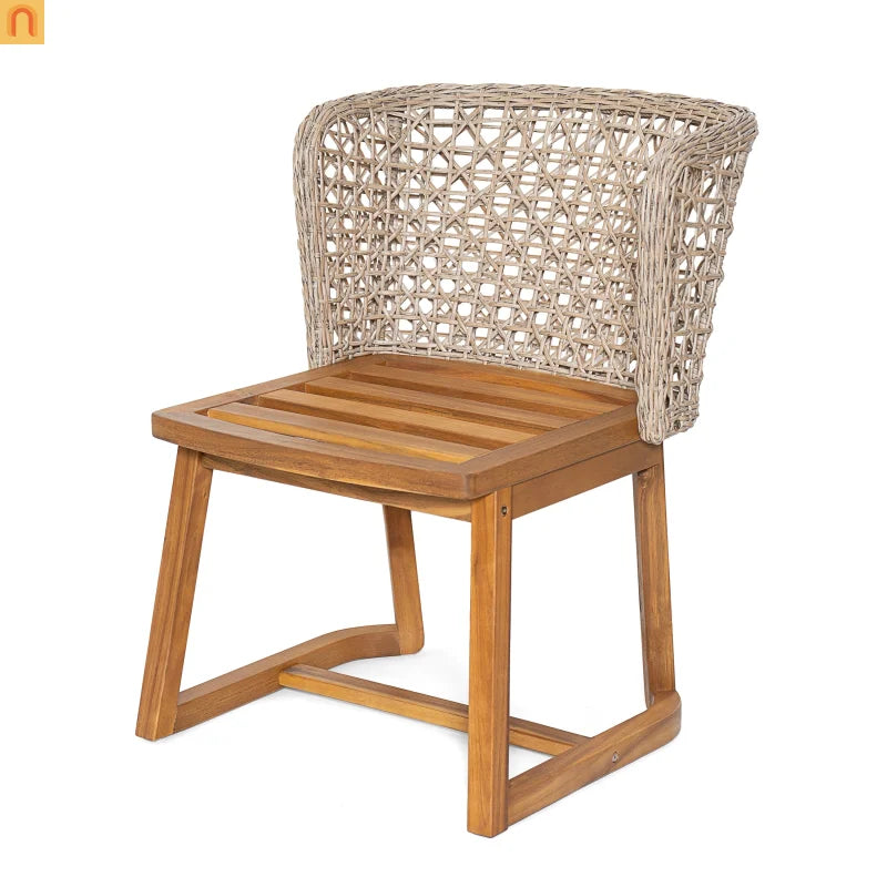 Outdoor Bistro Set Acacia Wood Wicker Chair Teak Beige Cushion 3 Piece