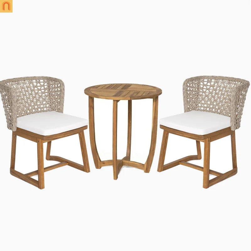Outdoor Bistro Set Acacia Wood Wicker Chair Teak Beige Cushion 3 Piece