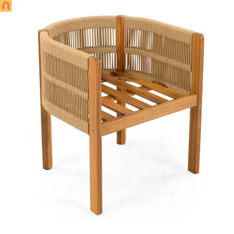Outdoor Dining Set Round Teak Table Rope Chairs 5pc