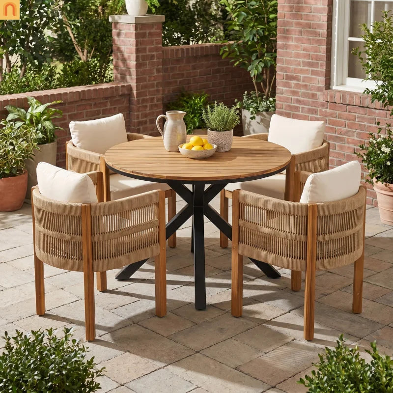 Outdoor Dining Set Round Teak Table Rope Chairs 5pc