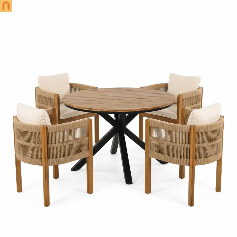 Outdoor Dining Set Round Teak Table Rope Chairs 5pc
