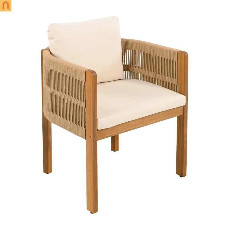Outdoor Dining Set Round Teak Table Rope Chairs 5pc
