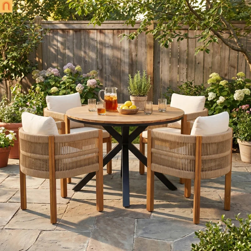 Outdoor Dining Set Round Teak Table Rope Chairs 5pc