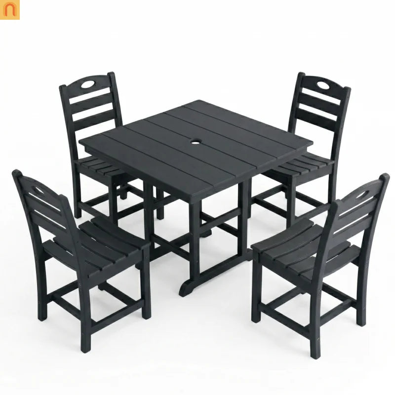Outdoor Dining Set HDPE Black Square Table 5 Piece Seats 4