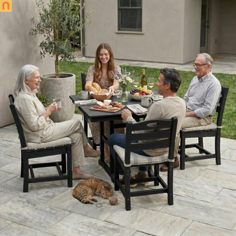 Outdoor Dining Set HDPE Black Square Table 5 Piece Seats 4