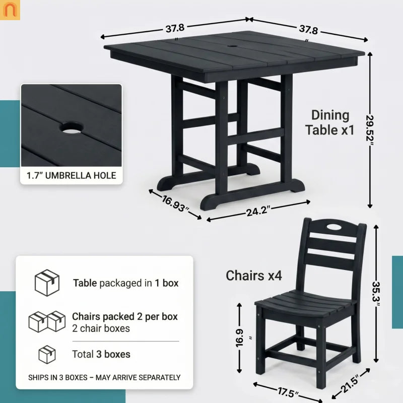 Outdoor Dining Set HDPE Black Square Table 5 Piece Seats 4