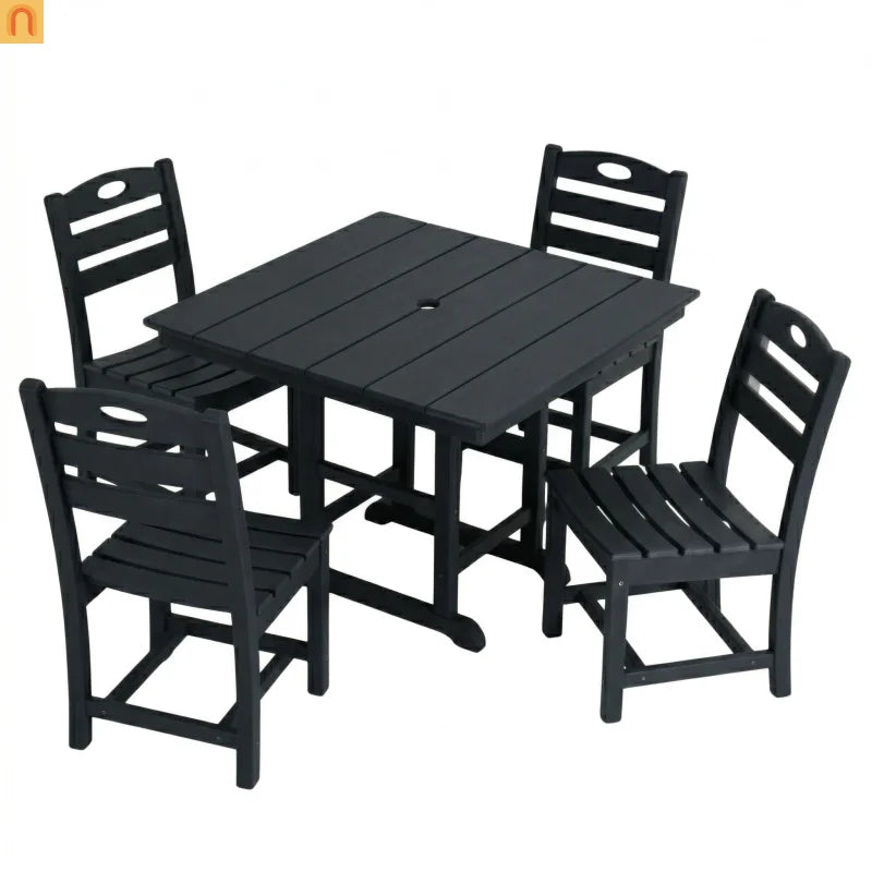 Outdoor Dining Set HDPE Black Square Table 5 Piece Seats 4