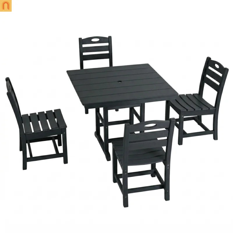 Outdoor Dining Set HDPE Black Square Table 5 Piece Seats 4