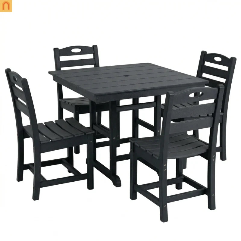 Outdoor Dining Set HDPE Black Square Table 5 Piece Seats 4