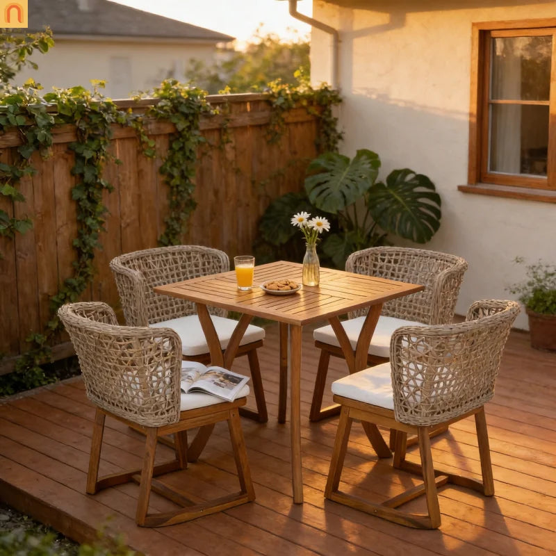 Outdoor Dining Set Acacia Wood Wicker Chair Teak Beige Cushion 5 Piece