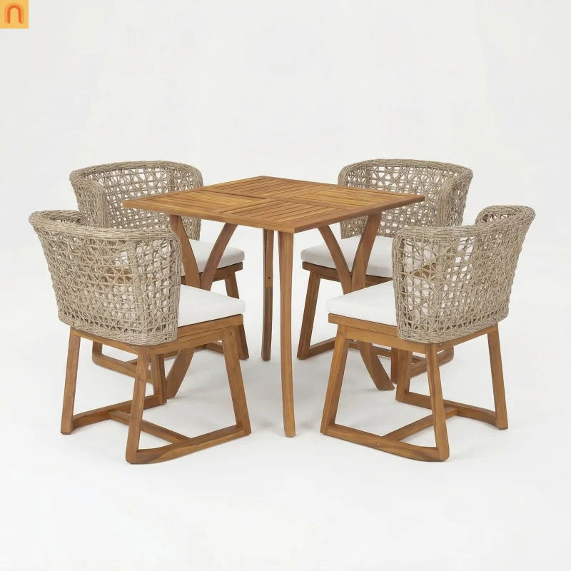 Outdoor Dining Set Acacia Wood Wicker Chair Teak Beige Cushion 5 Piece