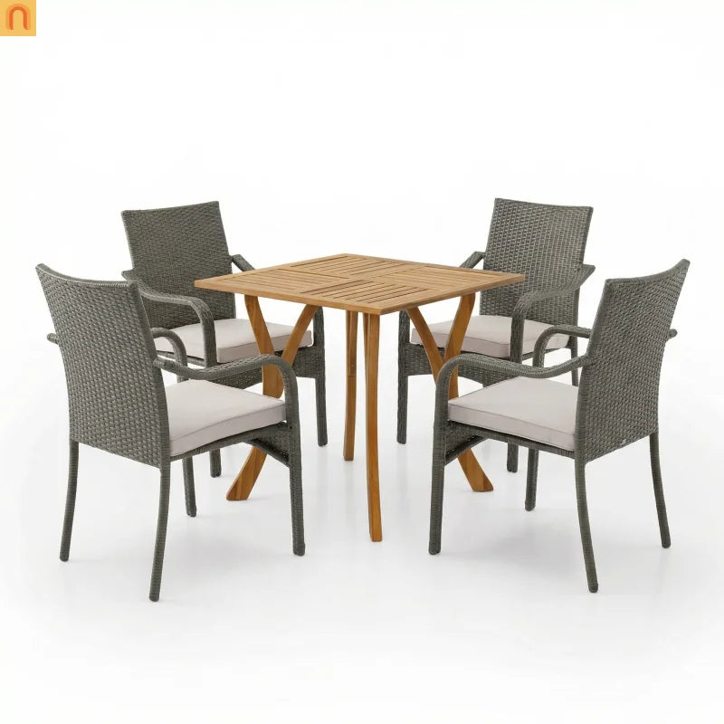Outdoor Dining Set Acacia Wood Teak Gray Wicker 5 Piece Seats 4