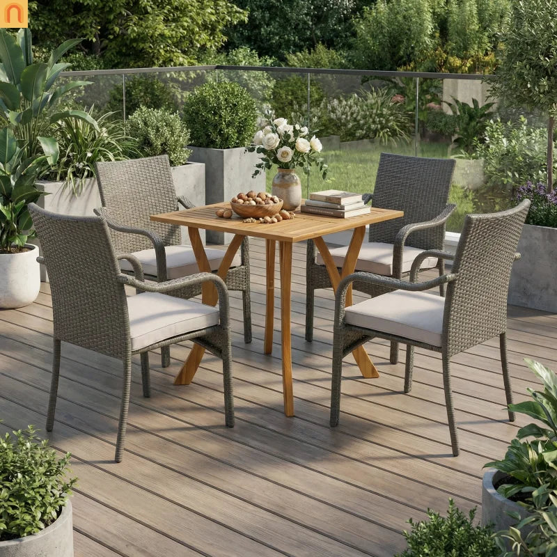 Outdoor Dining Set Acacia Wood Teak Gray Wicker 5 Piece Seats 4