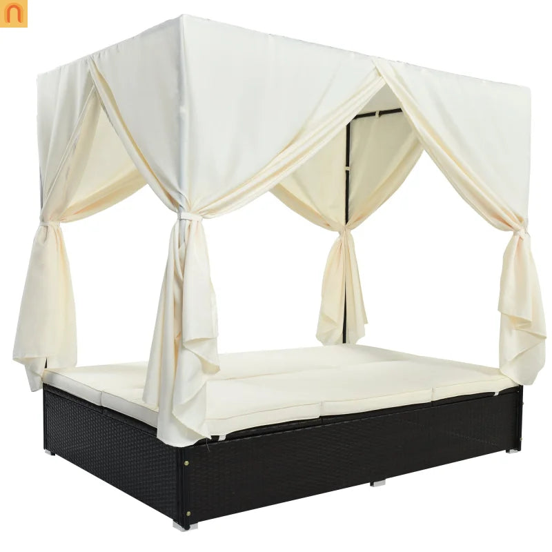 Chaise Lounge Double Daybed Steel HDPE Beige Curtain 6 Position 2 Person