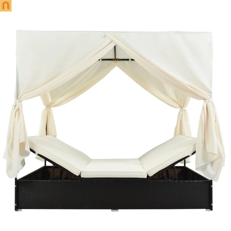 Chaise Lounge Double Daybed Steel HDPE Beige Curtain 6 Position 2 Person