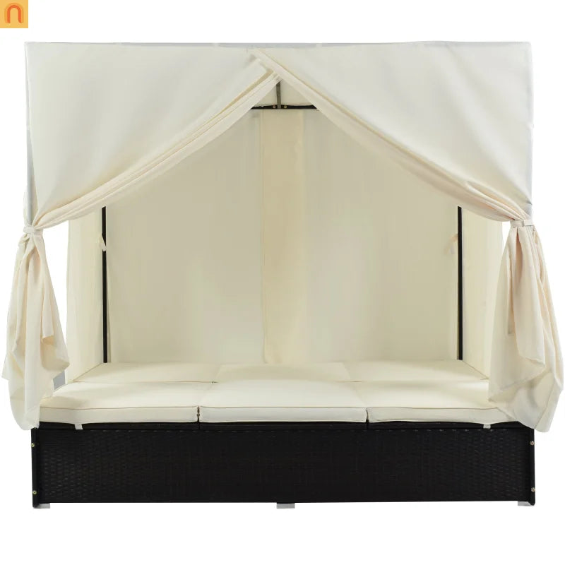 Chaise Lounge Double Daybed Steel HDPE Beige Curtain 6 Position 2 Person