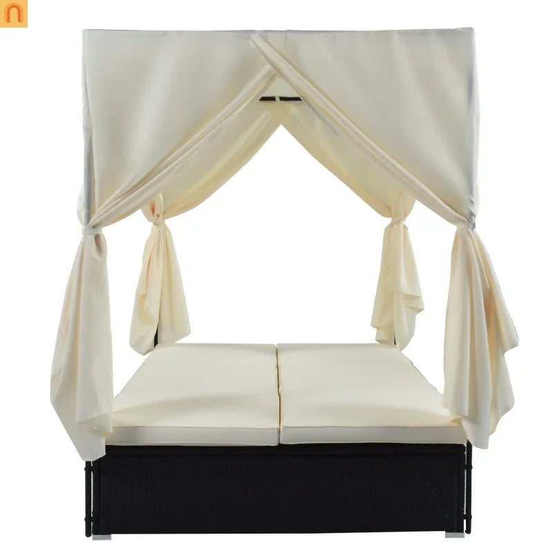 Chaise Lounge Double Daybed Steel HDPE Beige Curtain 6 Position 2 Person