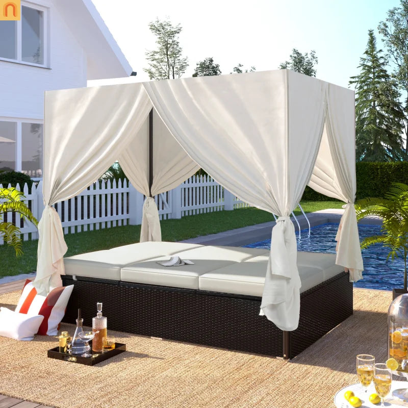 Chaise Lounge Double Daybed Steel HDPE Beige Curtain 6 Position 2 Person